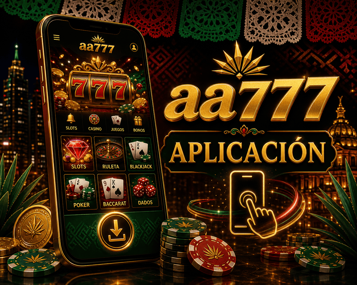 aa777 - visual principal de la app móvil Escena de app móvil de aa777 con teléfono Android, monedas y elementos de interfaz de juego